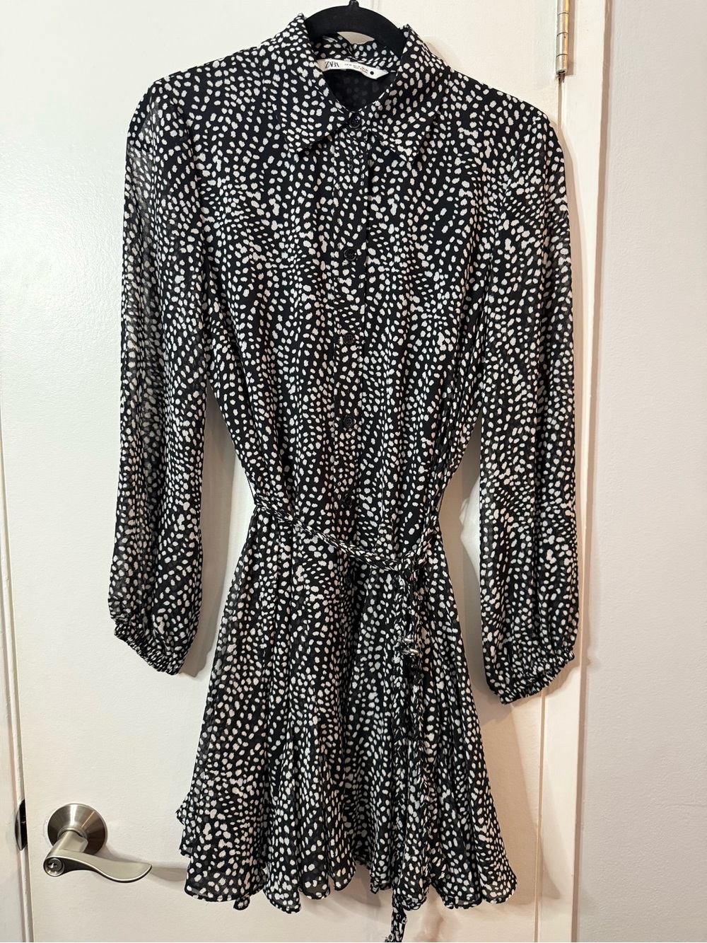 Zara Black and White Polka Dot Long Sleeve Shirt Dress
